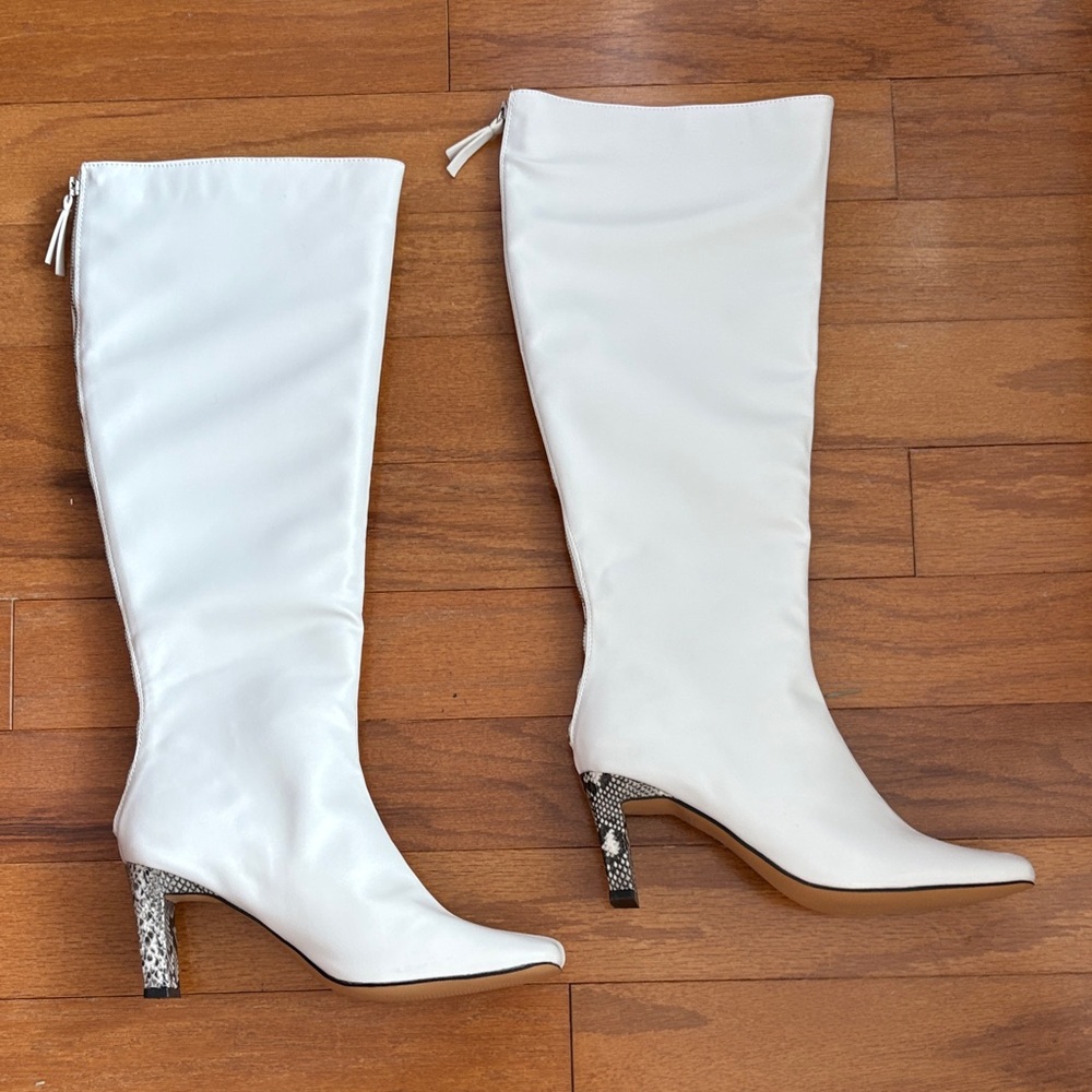 French Connection Liv Over the Knee White Heeled Boots Snakeskin Heel